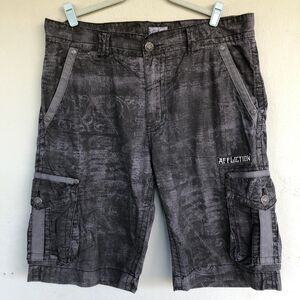 Affliction Cargo Shorts Men 34 Black Gray Print Indian Patch Y2K Skater Grunge